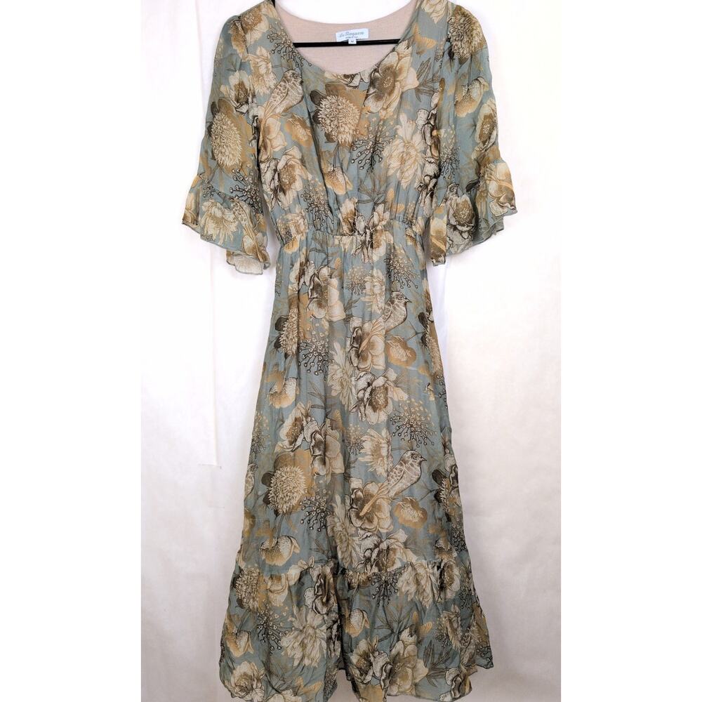 Vintage Le Regazze silk floral bird print bell sleeve tiered dress Sz Med Fairy